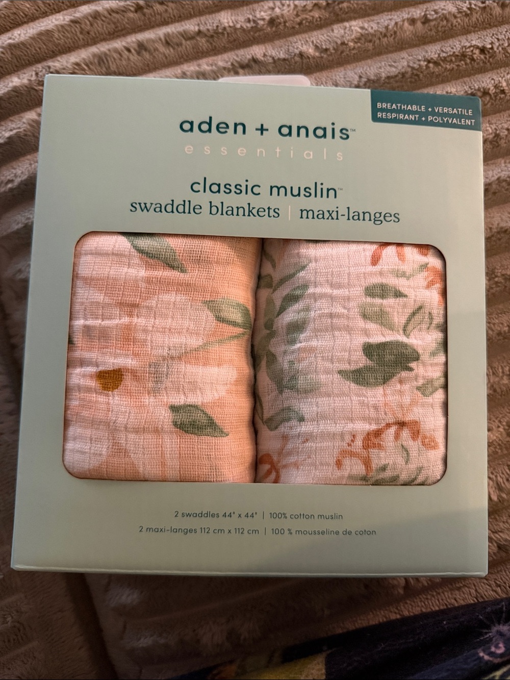 aden + anais Muslin Swaddle Blankets - Pink with Green & Peach Floral
